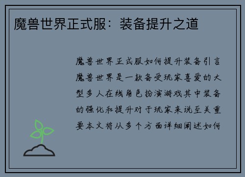 魔兽世界正式服：装备提升之道